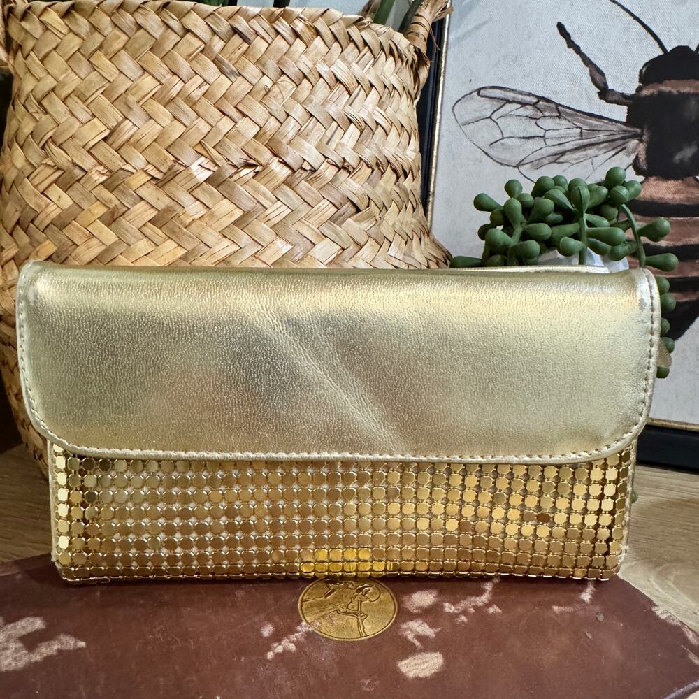 WHITING & DAVIS Vintage Gold Mesh Clutch Flap Wallet
